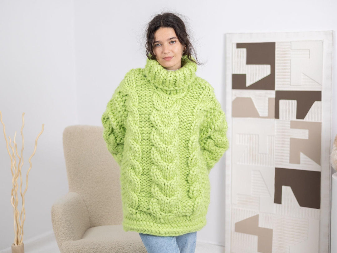 Apple Green Cable Knit Merino Sweater, Hand Knitted Thick Wool Pullover T1670