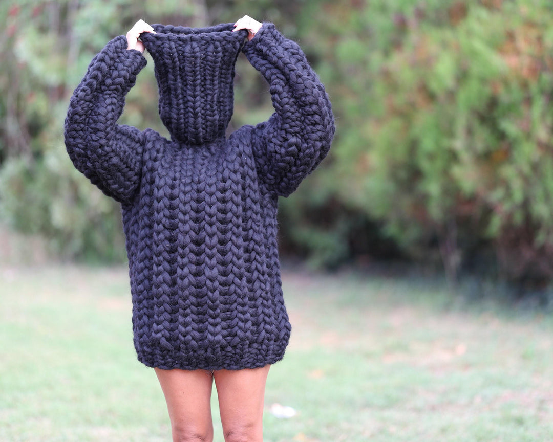 Extra Chunky Black Merino Wool Sweater with 50 cm Turtleneck, Hand Knitted Pullover T1466