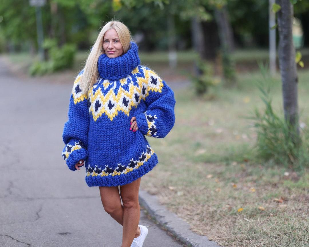 Icelandic Merino Wool Sweater with 50 cm Turtleneck, Hand Knitted Lopi Pullover T1469