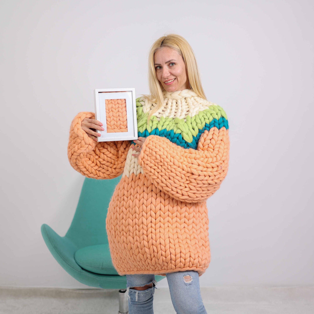 Peach Merino Wool Sweater, Hand Knitted Chunky Oversized Pullover T1888