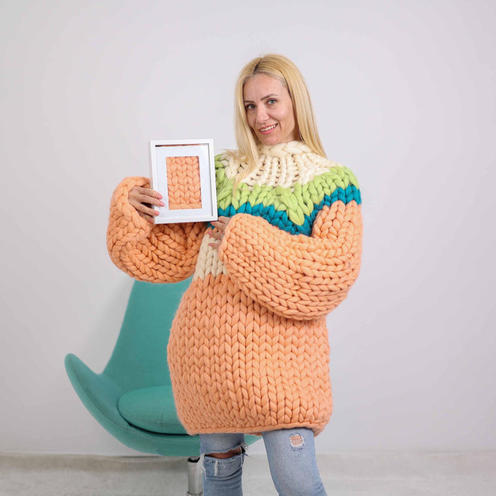 Peach Merino Wool Sweater, Hand Knitted Chunky Oversized Pullover T1888