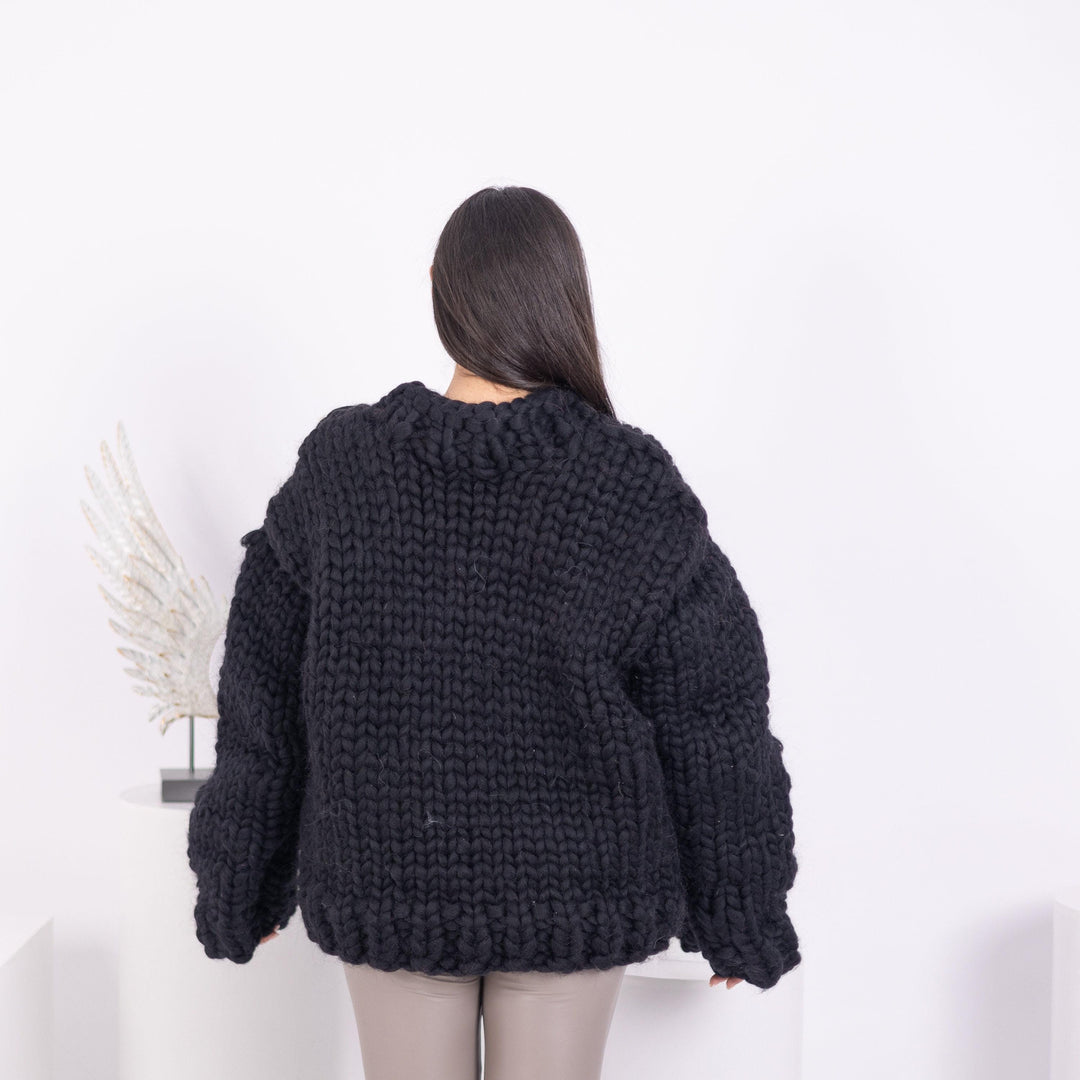 Black Merino Wool Sweater, Hand Knitted Super Chunky Giant Pullover T1593