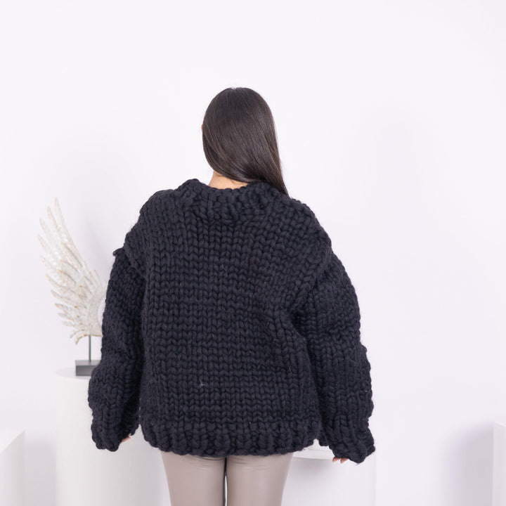 Black Merino Wool Sweater, Hand Knitted Super Chunky Giant Pullover T1593