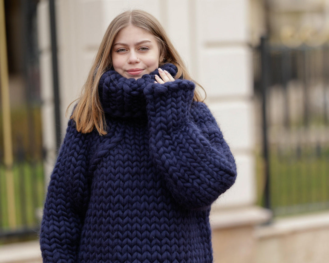 Giant Knit Merino Sweater, Hand Knitted Super Chunky Wool Pullover T1367