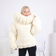 Extra klobiger Pullover aus Merinowolle, handgestrickter cremefarbener Rollkragenpullover T1626