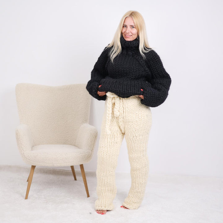 Black Chunky Merino Wool Sweater, Hand Knitted Soft Roving Turtleneck T1899