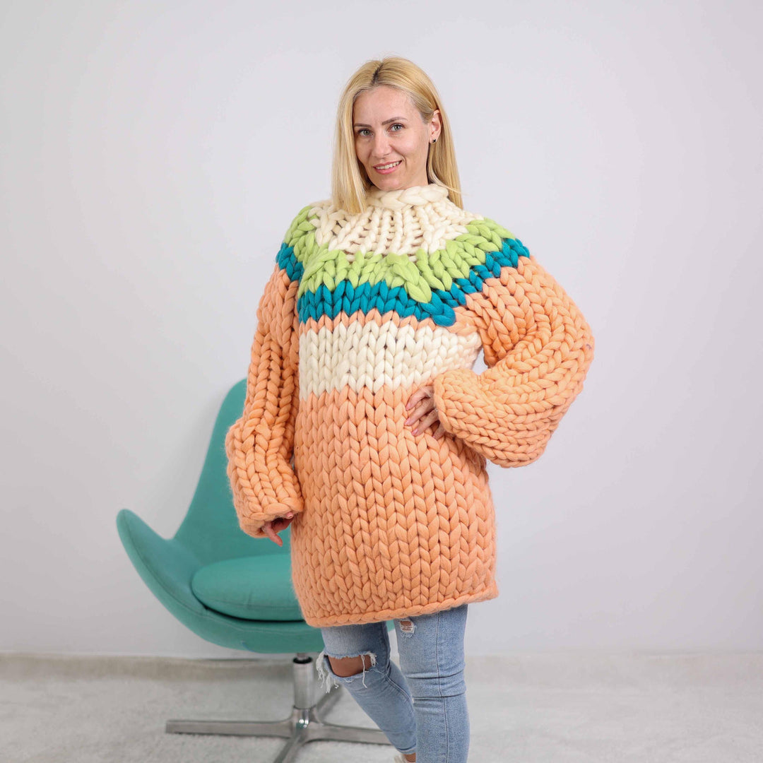 Peach Merino Wool Sweater, Hand Knitted Chunky Oversized Pullover T1888