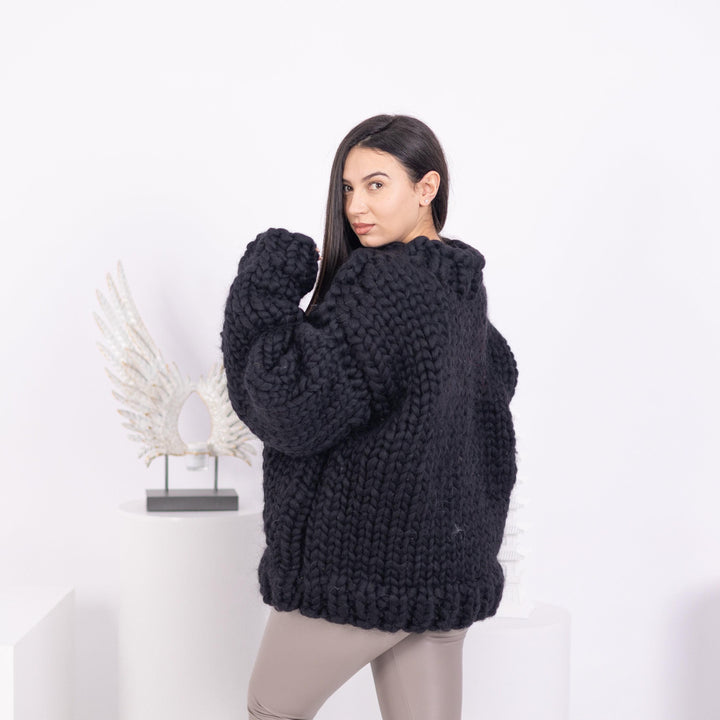 Black Merino Wool Sweater, Hand Knitted Super Chunky Giant Pullover T1593