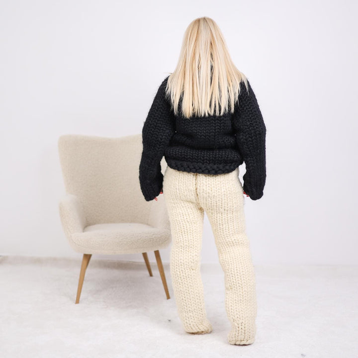 Black Chunky Merino Wool Sweater, Hand Knitted Soft Roving Turtleneck T1899