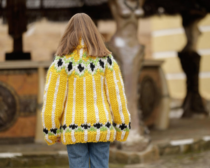Yellow Icelandic Merino Wool Sweater, Hand Knitted Lopi Turtleneck Pullover T1366