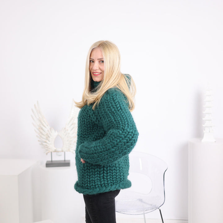 Green Chunky Knit Merino Sweater, Hand Knitted Super Bulky Wool Pullover T1627