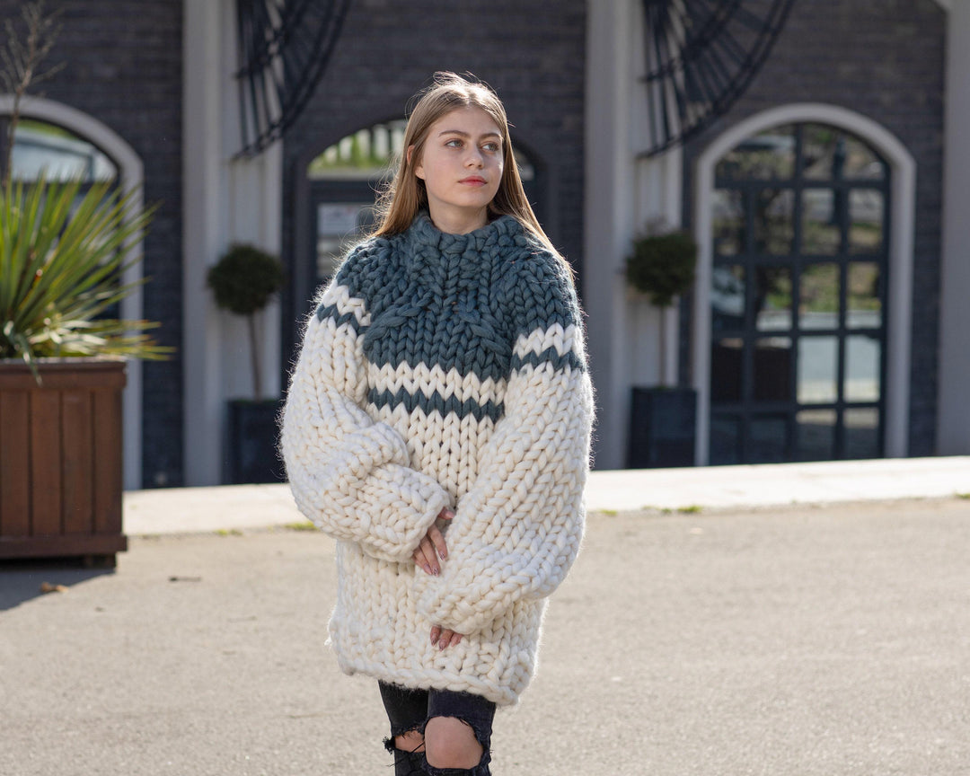 Super Chunky Merino Wool Sweater, Hand Knitted Giant Pullover T1040
