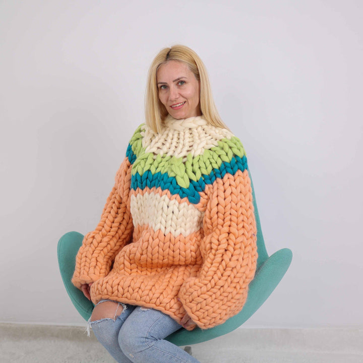 Peach Merino Wool Sweater, Hand Knitted Chunky Oversized Pullover T1888