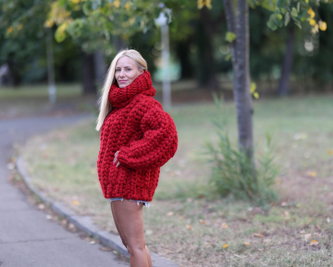 Extra Chunky Red Merino Wool Sweater with 50 cm Turtleneck, Hand Knitted Pullover T1467