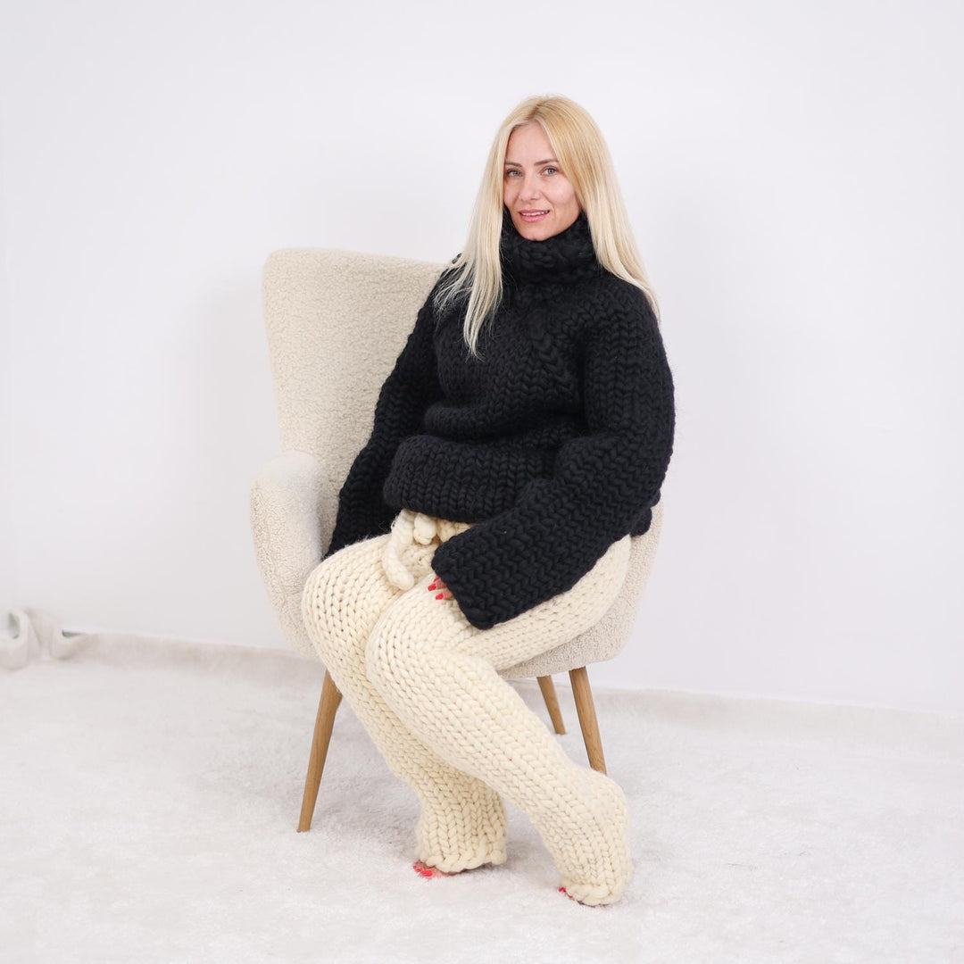 Black Chunky Merino Wool Sweater, Hand Knitted Soft Roving Turtleneck T1899
