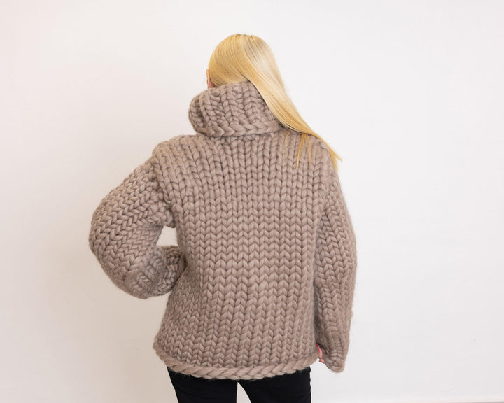Beige Merino Wool Sweater, Hand Knitted Super Chunky Giant Pullover T1522