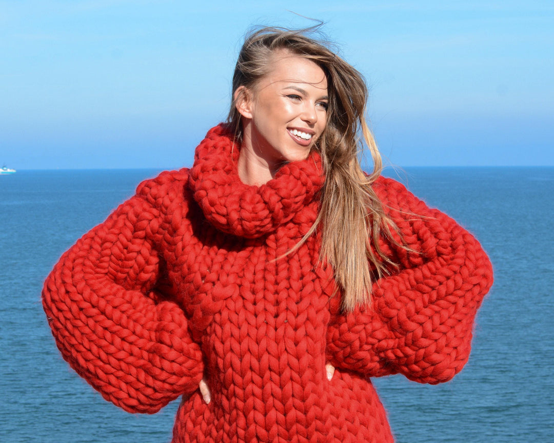 Chunky Knit Merino Sweater, Hand Knitted Super Bulky Wool Pullover T668W