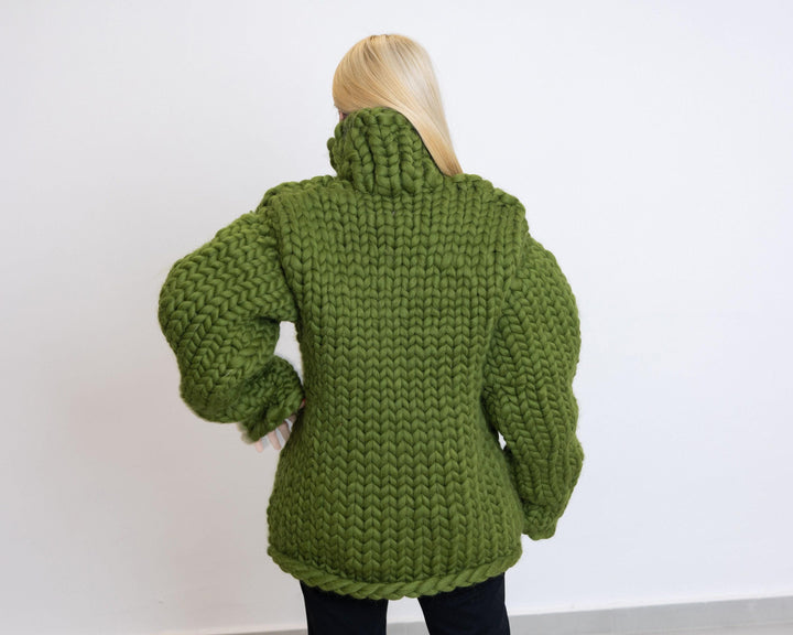 Green Merino Wool Sweater, Hand Knitted Super Chunky Giant Pullover T1521