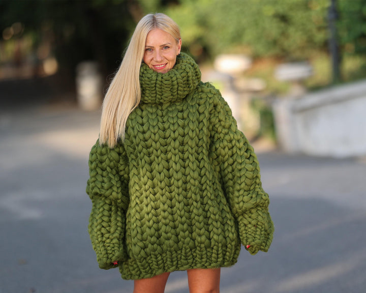 Extra Chunky Merino Wool Sweater with 50 cm Turtleneck, Hand Knitted Heavy Pullover T1448