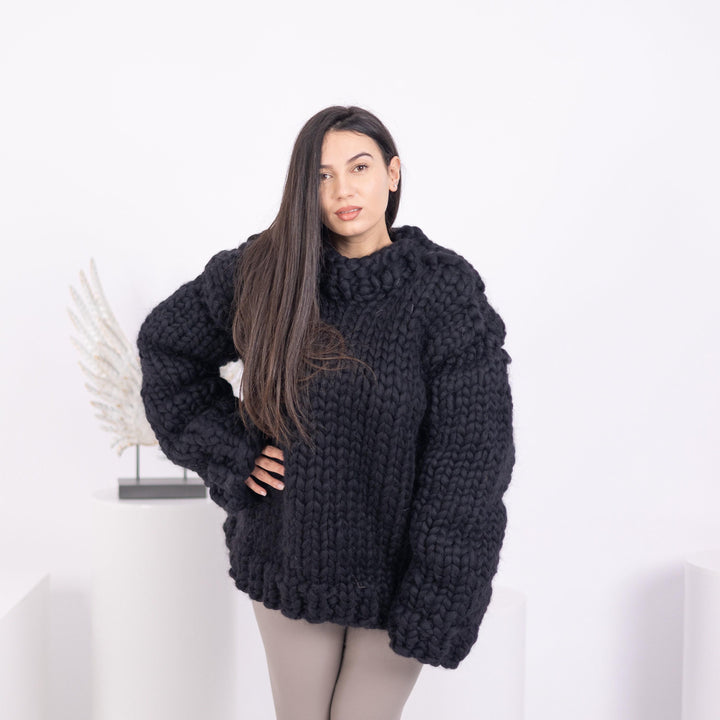Black Merino Wool Sweater, Hand Knitted Super Chunky Giant Pullover T1593