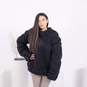 Pull Noir en Laine Mérinos, Tricoté Main Super Épais Géant T1593