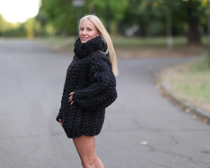 Extra Chunky Black Merino Wool Sweater with 50 cm Turtleneck, Hand Knitted Pullover T1466