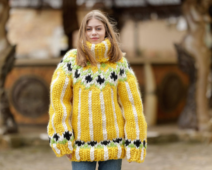 Yellow Icelandic Merino Wool Sweater, Hand Knitted Lopi Turtleneck Pullover T1366