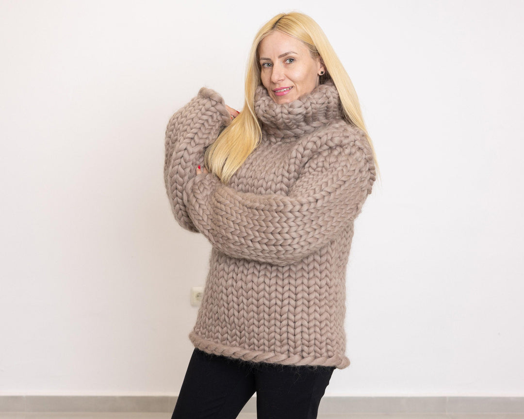 Beige Merino Wool Sweater, Hand Knitted Super Chunky Giant Pullover T1522