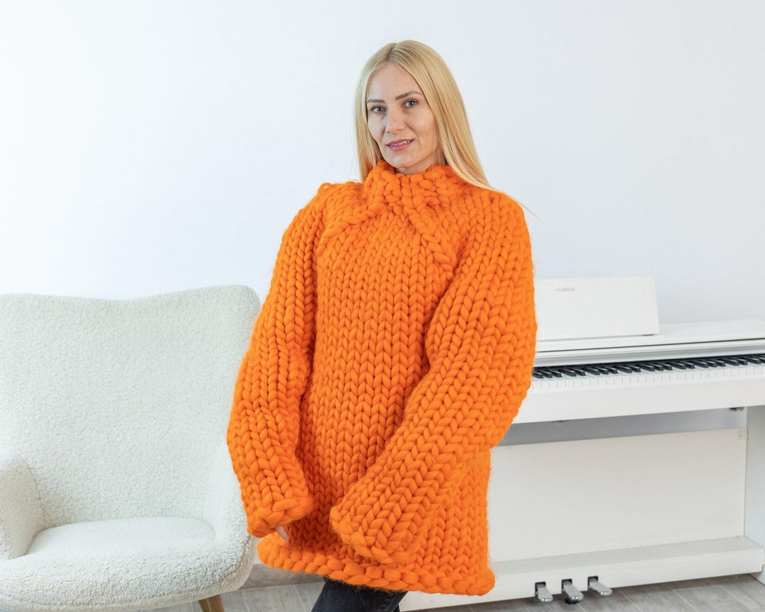Oversized Merino Wool Sweater, Hand Knitted Chunky Crew Neck Pullover T1534