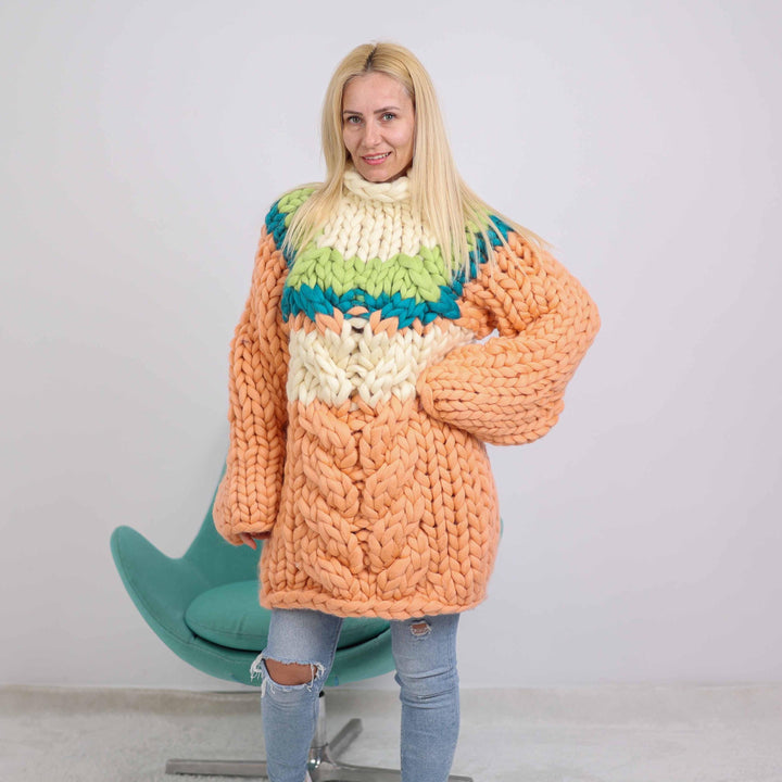 Merino Wool Cable Knit Sweater, Hand Knitted 100% Wool Pullover T1889