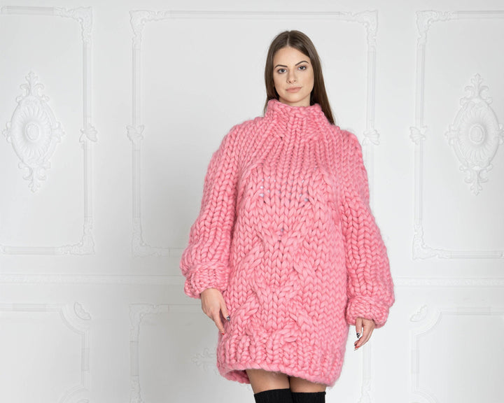 Pink Cable Knit Merino Sweater, Hand Knitted Chunky Wool Pullover T624W