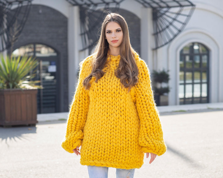 Yellow Merino Wool Sweater, Hand Knitted Super Chunky Giant Pullover T1037