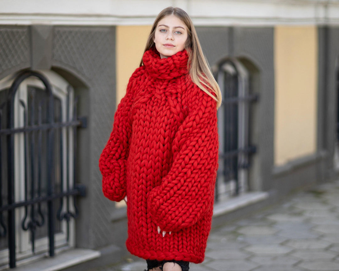 Chunky Knit Merino Sweater, Hand Knitted Super Bulky Wool Pullover T1039