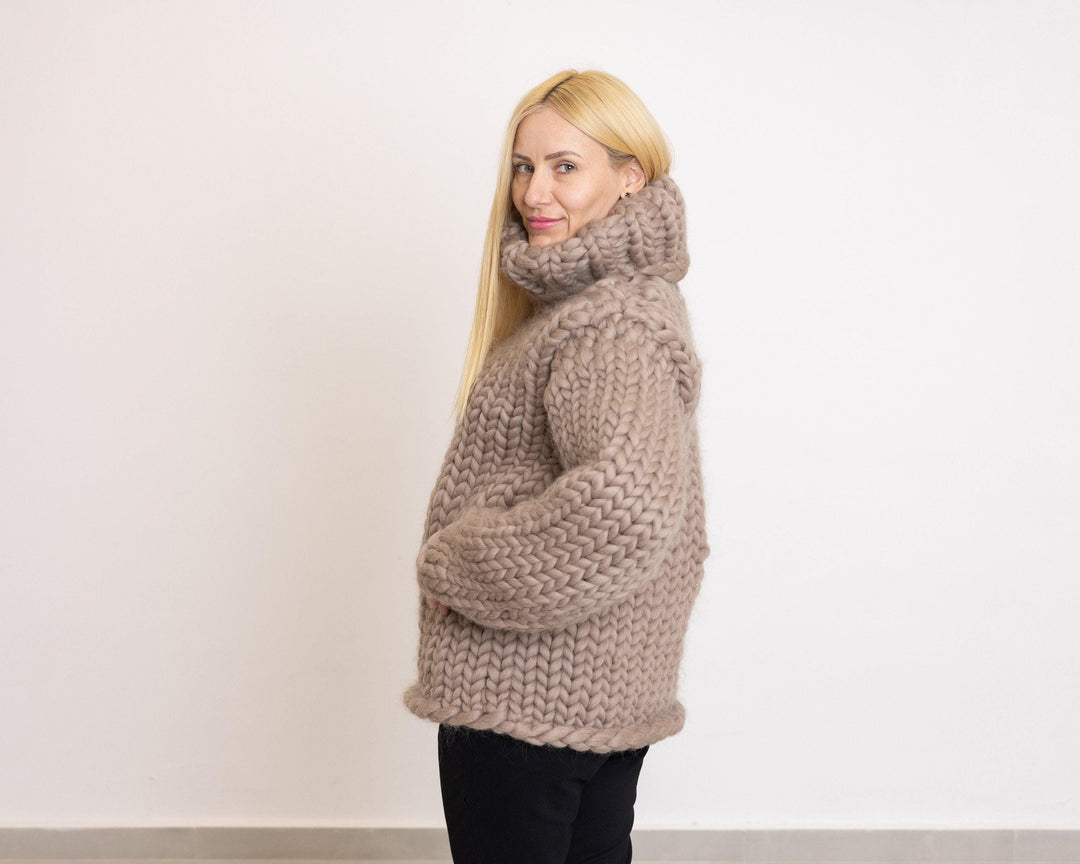 Beige Merino Wool Sweater, Hand Knitted Super Chunky Giant Pullover T1522