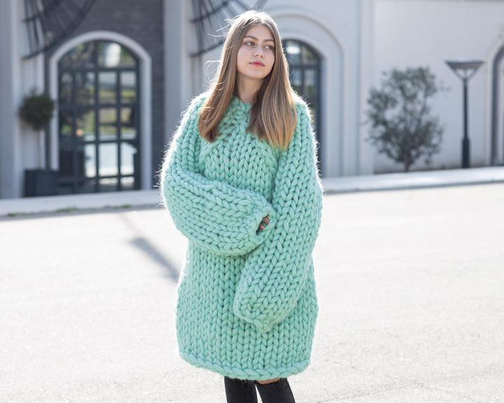 Super Chunky Merino Wool Sweater, Hand Knitted Giant Pullover T1038