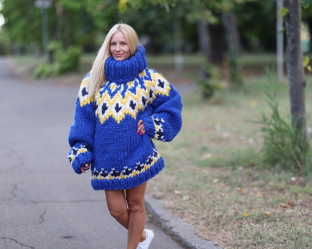 Icelandic Merino Wool Sweater with 50 cm Turtleneck, Hand Knitted Lopi Pullover T1469
