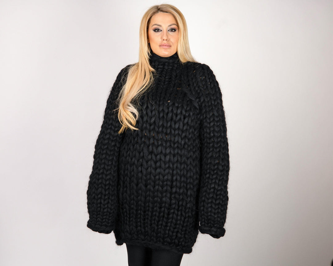 Black Merino Wool Sweater, Hand Knitted Super Chunky Giant Pullover T1073