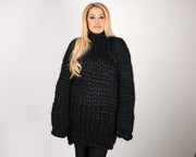 Schwarzer Pullover aus Merinowolle, handgestrickter Super Chunky Giant Pullover T1073