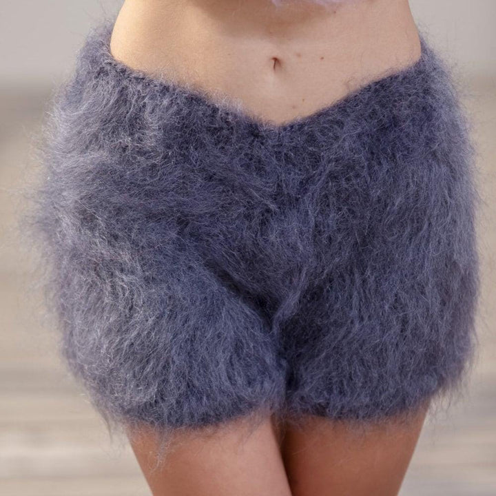 Gray Mohair Knit Shorts – Hand Knitted Fluffy Boxers, Soft Fuzzy Underwear T449
