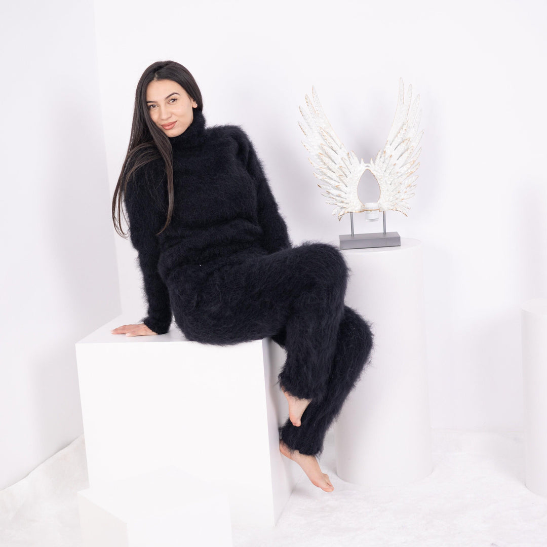 Black Mohair Knit Pants – Hand Knitted Fuzzy Trousers T1595