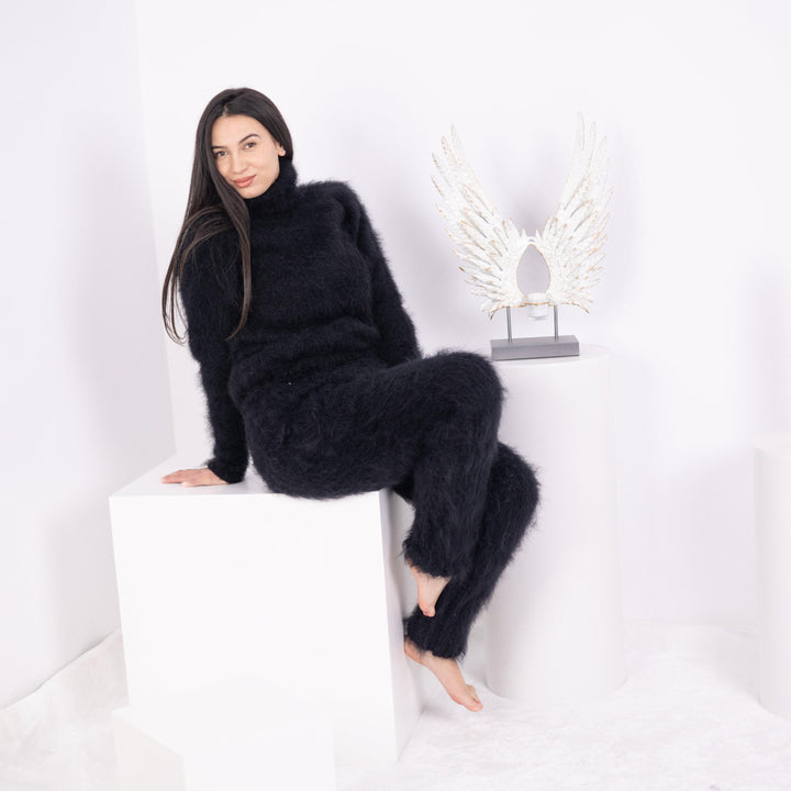 Black Mohair Knit Pants – Hand Knitted Fuzzy Trousers T1595