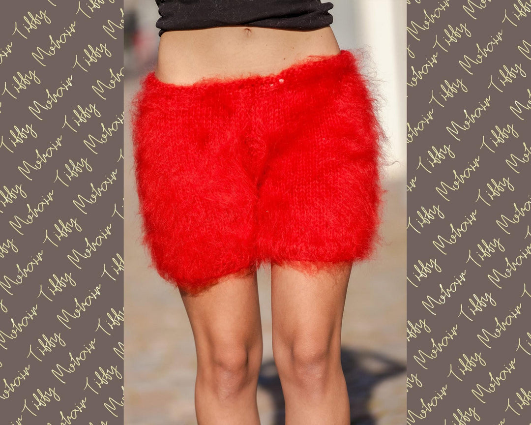 Red Mohair Knit Shorts – Hand Knitted Fluffy Boxers, Soft Fuzzy Underwear T409