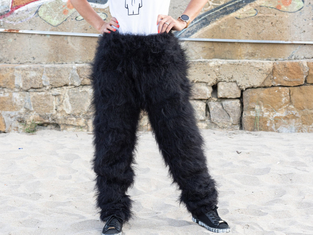 Black Mohair Knit Pants, Hand Knitted Fluffy Soft Mohair Trousers T1090
