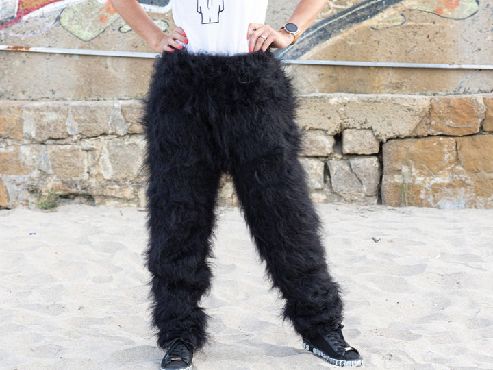 Black Mohair Knit Pants, Hand Knitted Fluffy Soft Mohair Trousers T1090