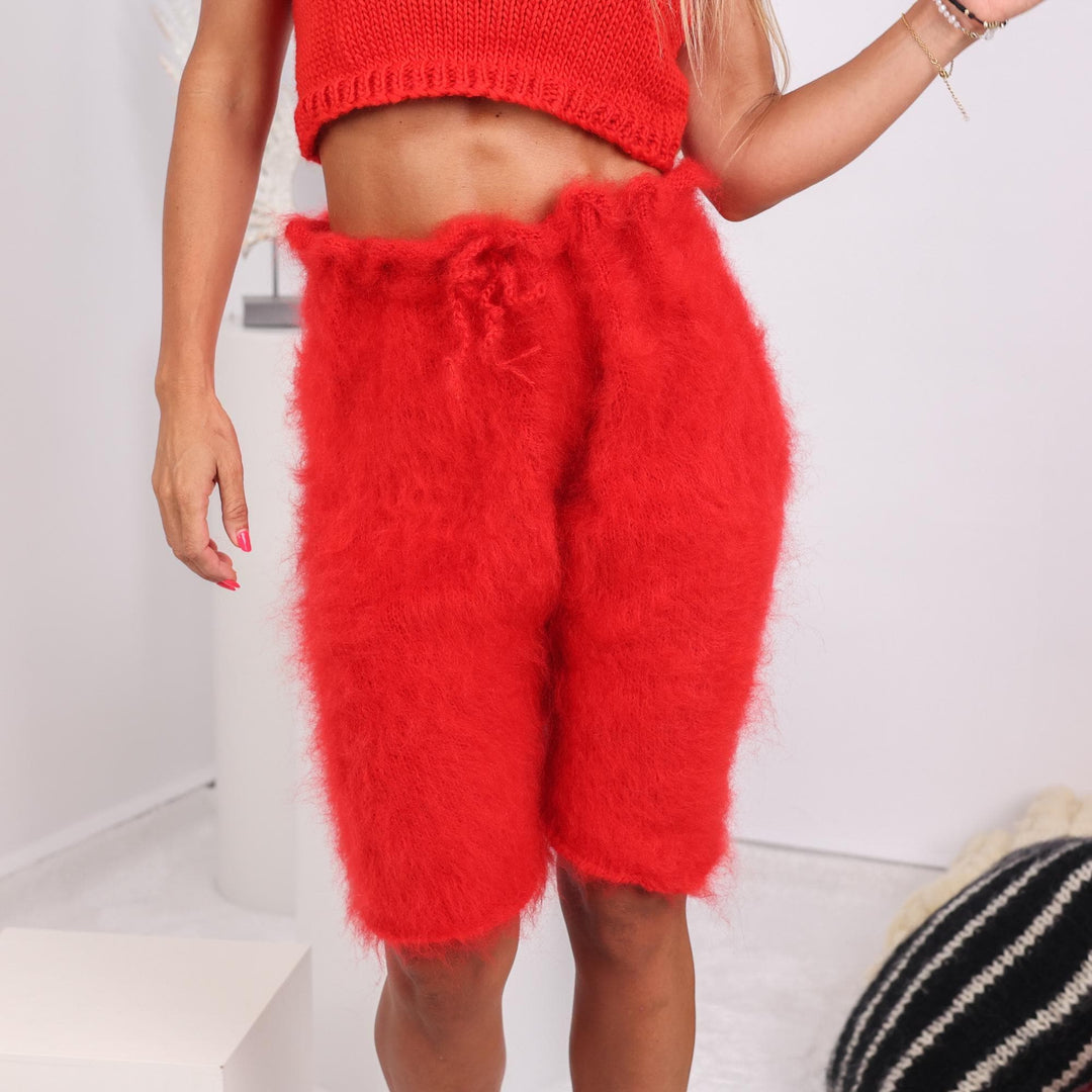 Red Mohair Knit Shorts – Hand Knitted Fluffy Boxers, Soft Fuzzy Underwear T1709