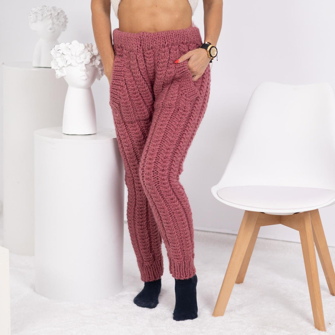 Pink Wool Knit Pants – Hand Knitted Women's Wool Joggers T1756