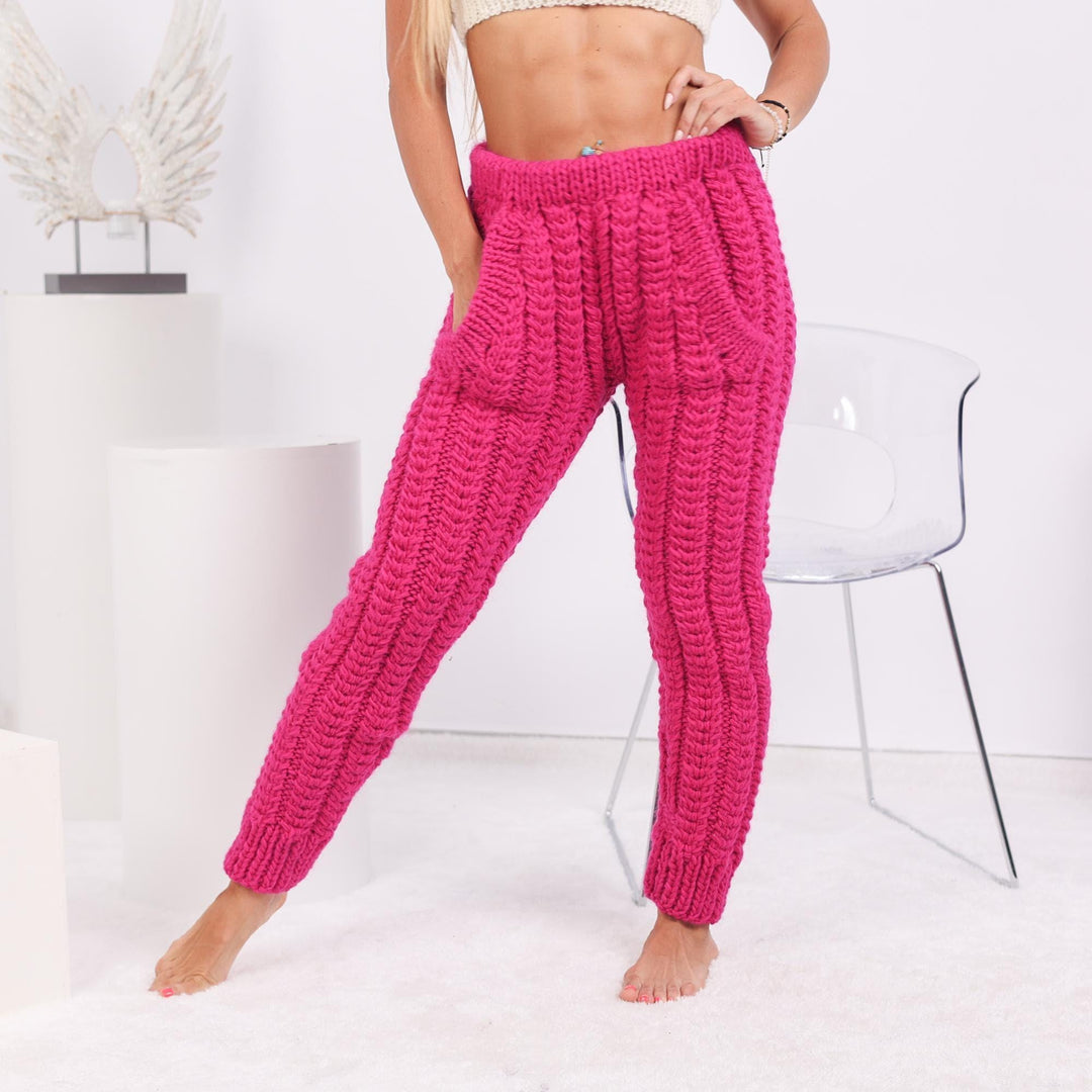Pink Wool Knit Pants – Hand Knitted Women's Joggers T1724