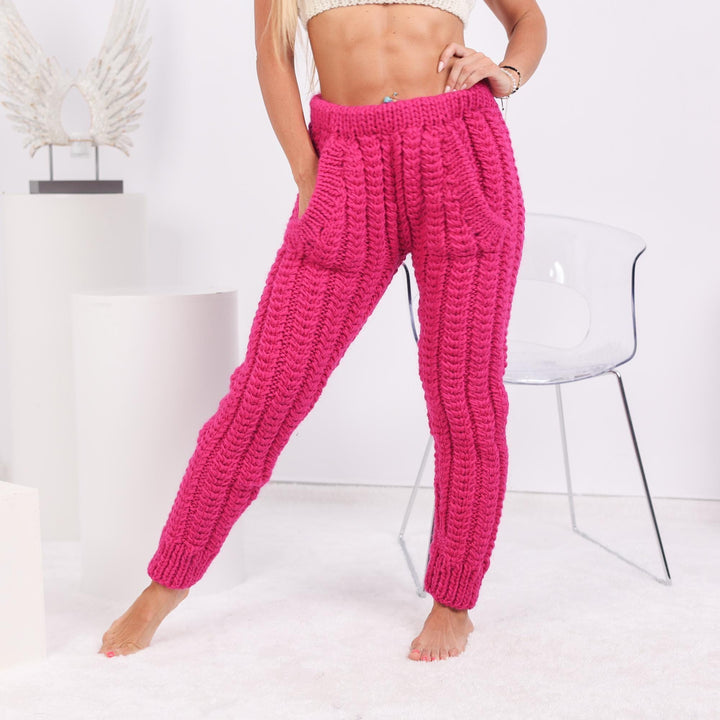 Pink Wool Knit Pants – Hand Knitted Women's Joggers T1724