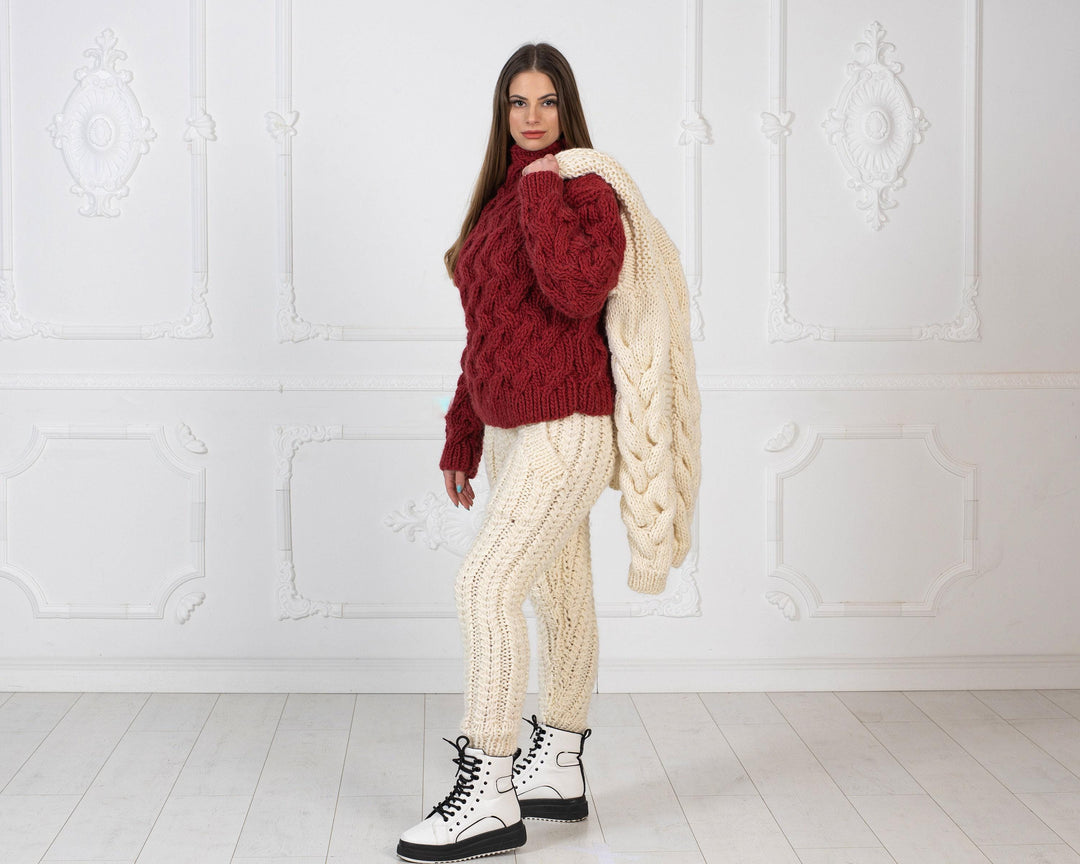 Cream Wool Knit Pants, Hand Knitted 100% Wool Joggers for Women T973