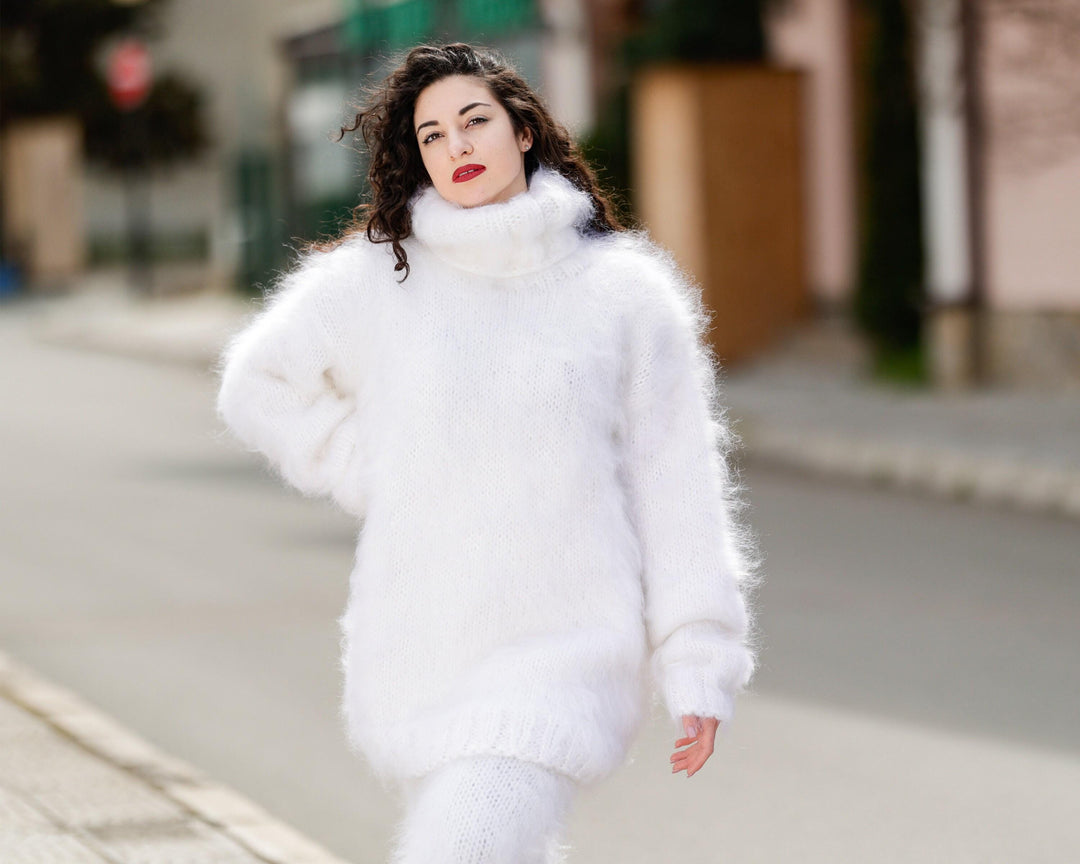 White Mohair Knit Pants, Hand Knitted Fluffy Soft Trousers T1404